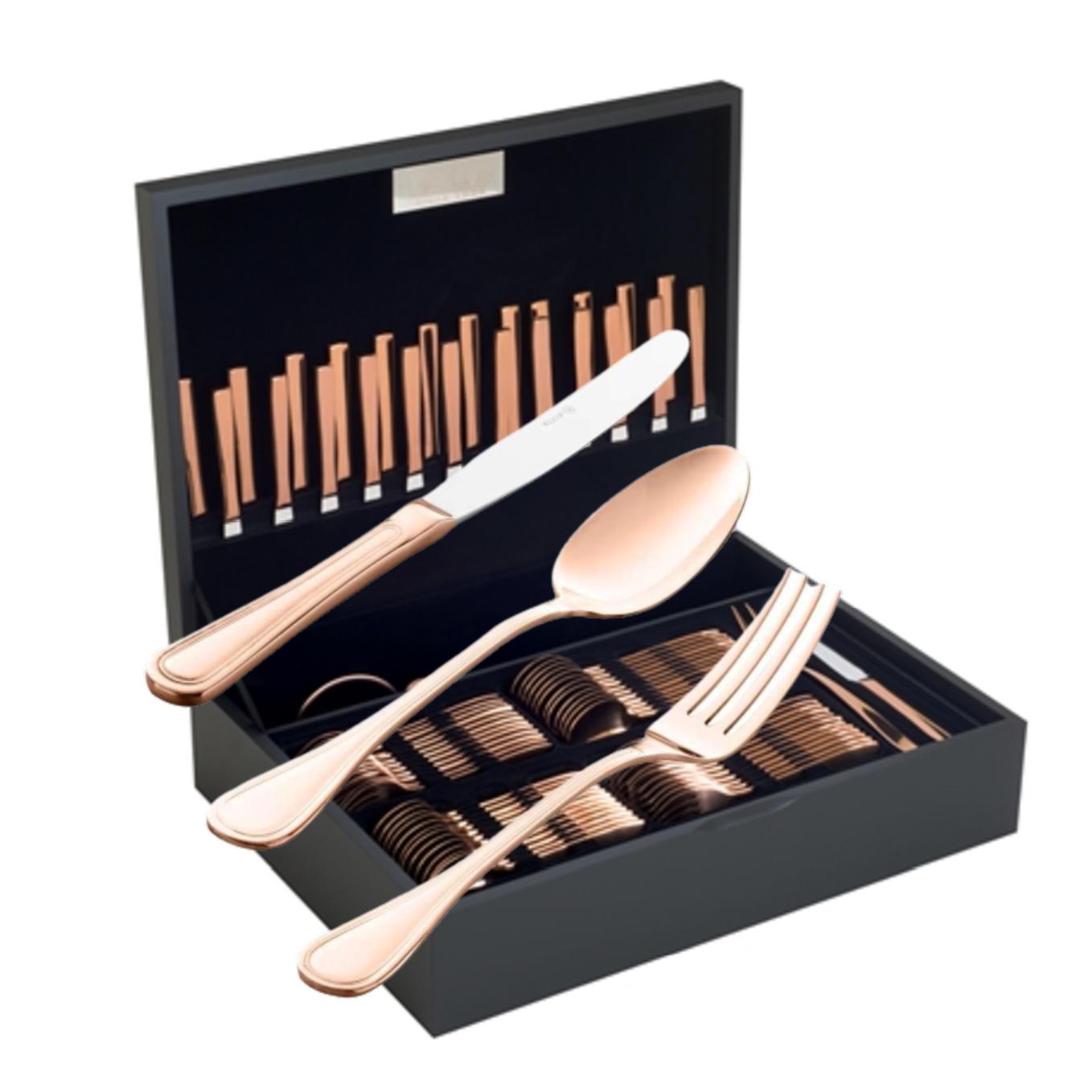 Loja Casa Canto - Faqueiro 101 peças - Faqueiro avalon aço Inox Dourado Rose com Estojo Madeira 101pç Wolff